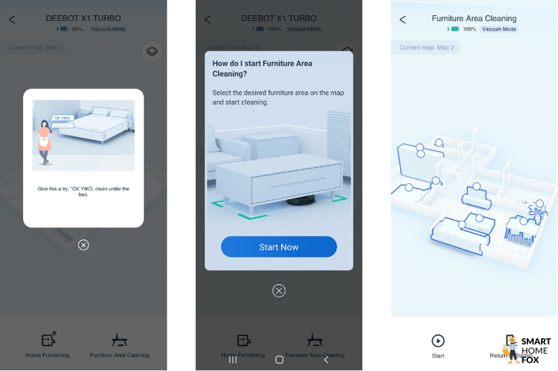 Das Feature “Unter Möbeln reinigen” wird in der Ecovacs Home App ausgewählt